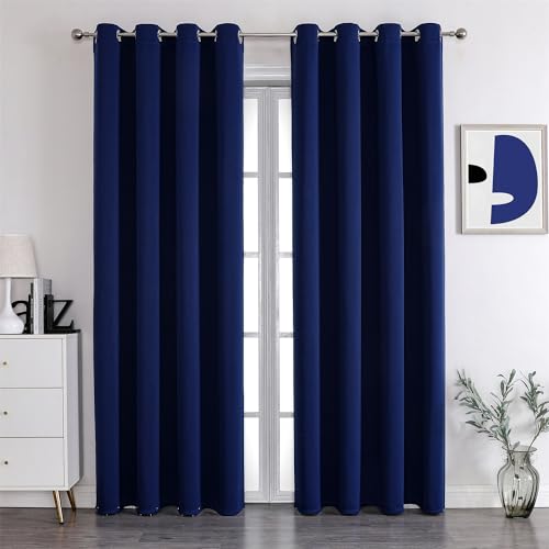 Freyamy Blickdicht Gardinen Wohnzimmer,Dicke Vorhänge mit Ösen,Weich Thermogardine Verdunkelung Ösenvorhang,Kälteschutz Warm Vorhänge für Schlafzimmer,Blau Dunkelblau Vorhang 2er Set 200x100cm(HxB) von Freyamy