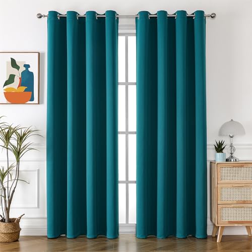 Freyamy Blickdicht Gardinen Wohnzimmer,Dicke Vorhänge mit Ösen,Weich Thermogardine Verdunkelung Ösenvorhang,Kälteschutz Warm Vorhänge für Schlafzimmer,Petrol Blau Vorhang 2er Set 214x132cm(HxB) von Freyamy