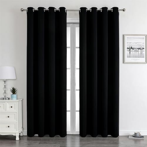 Freyamy Blickdicht Gardinen Wohnzimmer,Dicke Vorhänge mit Ösen,Weich Thermogardine Verdunkelung Ösenvorhang,Kälteschutz Warm Vorhänge für Schlafzimmer,Schwarz Vorhang 2er Set 244x132cm(HxB) von Freyamy