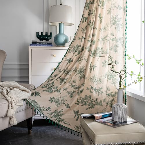 Freyamy Blüten Vorhang 1 Stück Grün Blätter,Halbtransparent Gardinen mit Quasten,Fenster Vorhänge mit Stangendurchzug,Halbverdunkelungs Baumwolle Vorhang 160x150cm Boho Dekoschal für Wohnzimmer von Freyamy