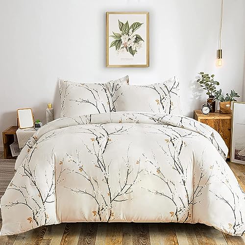 Freyamy Blumen Bettwäsche 135x200cm 2teilig Beige Pflaumenblüten Zweig Elegante Bettwaren-Sets Gebürstet Microfaser Weiche Bettwäsche Mädchen Bettbezug mit Reißverschluss und Kissenbezug 80x80cm von Freyamy