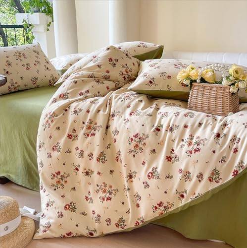 Freyamy Blumen Bettwäsche 135x200cm 2teilig Grün Beige Bunt Blätter Pflanzen Wendebettwäsche Floral Mädchen Bettwaren-Sets 100% Microfaser Bettbezug mit Reißverschluss und Kissenbezug 80x80cm von Freyamy