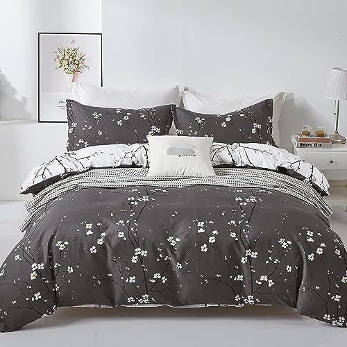 Freyamy Blumen Bettwäsche 155x220cm 2teilig Grau Anthrazit Pflaumenblüten Zweig Bettwaren-Sets 100% Microfaser Weiche Bettwäsche Mädchen Bettbezug mit Reißverschluss und Kissenbezug 80x80cm von Freyamy