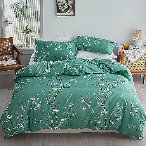 Freyamy Blumen Bettwäsche 200x220cm 3teilig Grün Pflaumenblüten Zweig Elegante Bettwaren-Sets 100% Microfaser Weiche Bettwäsche Mädchen Bettbezug mit Reißverschluss und 2 Kissenbezug 80x80cm von Freyamy