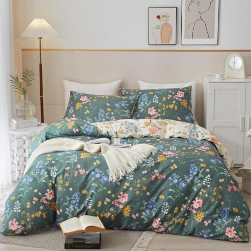 Freyamy Blumen Bettwäsche 200x220cm 3teilig Mädchen Grün Dunkelgrün Bunt Floral Blätter Pflanzen Wendebettwäsche Microfaser Kinder Bettbezug mit Reißverschluss und 2 Kissenbezug 80x80cm von Freyamy