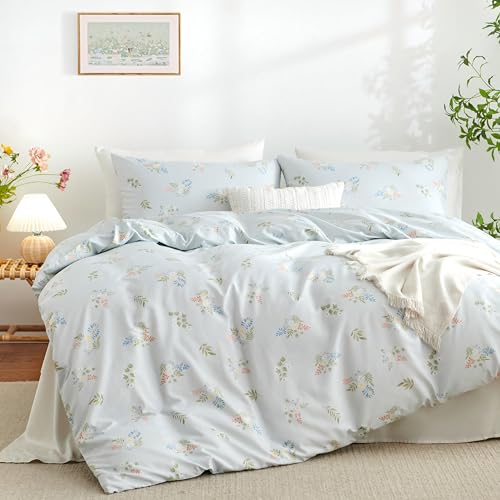 Freyamy Blumen Bettwäsche 200x220cm Mädchen Blau Bunt Floral Pflanzenmuster Bettwäsche-Set Microfaser Blätter Ästhetik Deckenbezug 1 Bettbezug mit Reißverschluss und 2 Kissenbezug 80x80cm von Freyamy