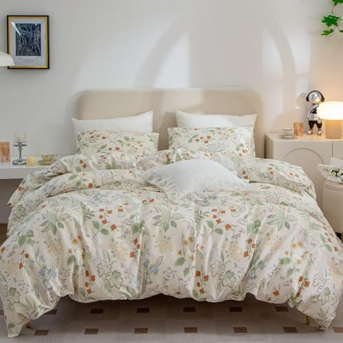 Freyamy Blumen Bettwäsche 220x240cm 3teilig Beige Bunt Blätter Pflanzen Floral Wendbar Bettwaren-Sets 100% Microfaser Blumenmuster Mädchen Bettbezug mit Reißverschluss und 2 Kissenbezug 80x80cm von Freyamy