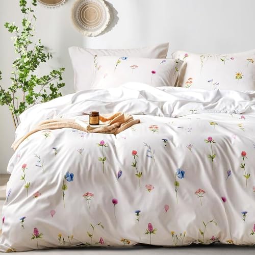 Freyamy Blumen Bettwäsche 220x240cm 3teilig Weiß Bunt Floral Mädchen Bettwaren-Sets 100% Microfaser Blumenmuster Wendebettwäsche Elegante Bettbezug mit Reißverschluss und 2 Kissenbezug 80x80cm von Freyamy