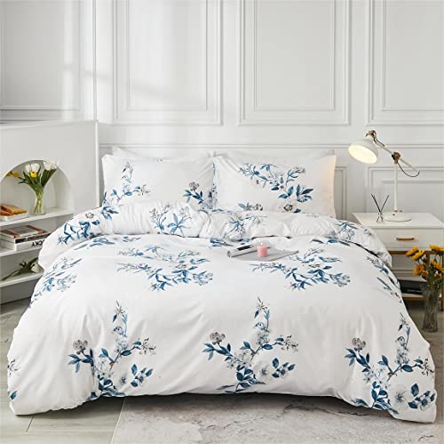 Freyamy Blumen Bettwäsche Set 155x220cm 2teilig Weiß Blau Blätter Pflanzen Blumenmuster Wendebettwäsche Gebürstet Microfaser Weiche Bettbezug mit Reißverschluss und Kissenbezug 80x80cm von Freyamy