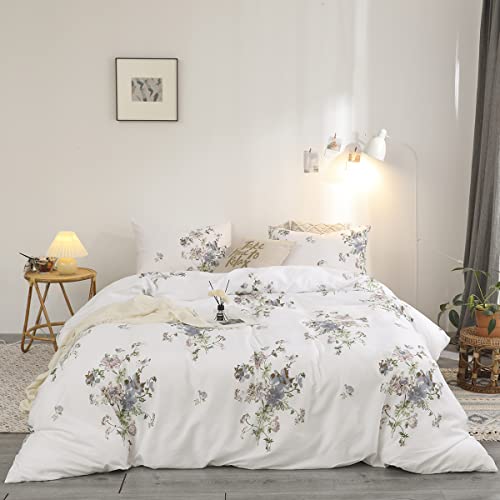 Freyamy Blumen Bettwäsche Set 220x240cm 3teilig Weiß Bunt Blätter Pflanzen Blumenmuster Wendebettwäsche Gebürstet Microfaser Weiche Bettbezug mit Reißverschluss und 2 Kissenbezug 80x80cm von Freyamy