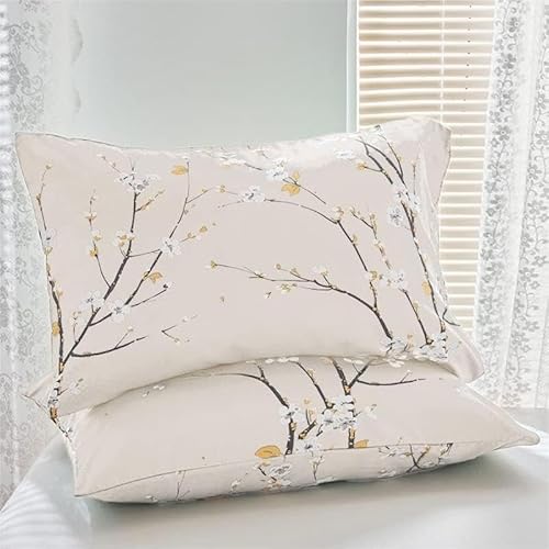 Freyamy Blumen Kissenbezug 40x80cm 2er Set Beige Pflaumenblüten Zweig Kopfkissenbezug Bequem Romantisch Kissenhülle Gebürstet Microfaser Weiche Kissenbezug mit Reißverschluss von Freyamy