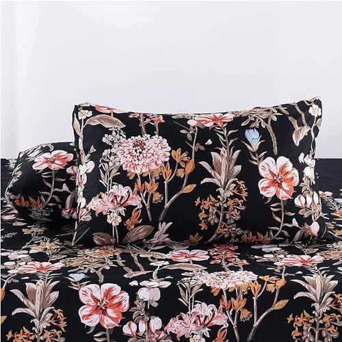 Freyamy Blumen Kissenbezug 40x80cm 2er Set Schwarz Rosa Bunt Blumenmuster Kopfkissenbezug Blätter Pflanzen Floral Mädchen Kissenhülle 100% Microfaser Weiche Kissenbezug mit Reißverschluss von Freyamy