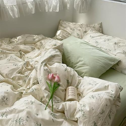 Freyamy Blumen Weiß Bettwäsche 220x240 3tlg, Chic Botanisches Aesthetic Floral, Grün Blätter Gewaschener Mikrofaser Bettwäsche-Set, 1 Bettbezug mit Reißverschluss und 2 Kissenbezüge 80x80cm von Freyamy
