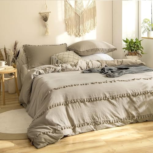 Freyamy Böhmen Bettwäsche 135x200cm 2teilig Khaki Quaste Fransen Boho Chic Bettwäsche Gewaschene Microfaser Bettwaren-Sets Bohemian Luxus Mädchen Bettbezug mit Reißverschluss und Kissenbezug 80x80cm von Freyamy