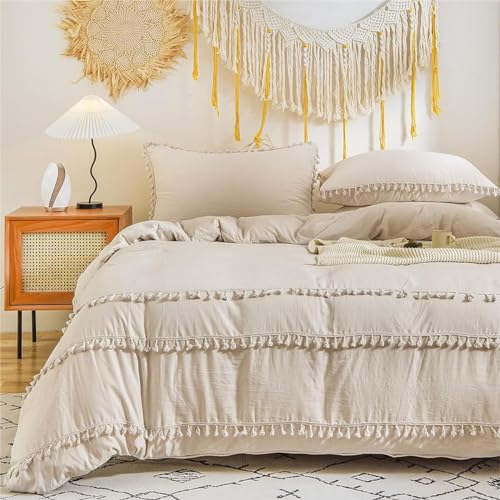 Freyamy Böhmen Bettwäsche 135x200cm 4teilig Beige Quaste Boho Chic Bettwäsche Gewaschene Microfaser Bettwaren-Sets Fransen Bettbezug 2 Bettdeckenbezüge mit Reißverschluss und 2 Kissenbezug 80x80cm von Freyamy