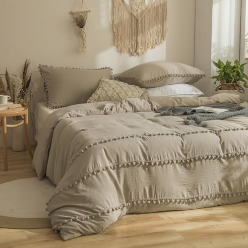 Freyamy Böhmen Bettwäsche 155x220cm 2teilig Khaki Pom Pom Boho Chic Bettwäsche Gewaschene Microfaser Bettwaren-Sets Weiche Quaste Bettbezug mit Reißverschluss und 1 Kissenbezug 80x80cm von Freyamy