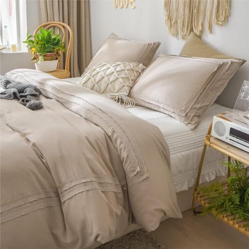 Freyamy Böhmen Bettwäsche 200x200cm 3teilig Khaki Getuftet Stickerei Rüschen Chic Bettwäsche Gewaschene Microfaser Bettwaren-Sets Uni Boho Bettbezug mit Reißverschluss und 2 Kissenbezug 80x80cm von Freyamy