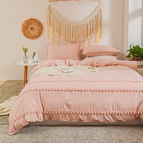 Freyamy Böhmen Bettwäsche 220x240cm 3teilig Hellrosa Rosa Pom Pom Boho Chic Bettwäsche Gewaschene Microfaser Bettwaren-Sets Weiche Bettbezug mit Reißverschluss und 2 Kissenbezug 80x80cm von Freyamy