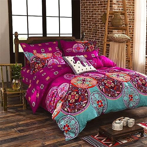 Freyamy Bohemian Bettwäsche 135x200 Vintage Boho Indischen Mandala Böhmisch Bettbezüge 100% Mikrofaser Fuchsia Türkis Bunt Wendebettwäsche Reißverschluss Kissenbezug 80x80 von Freyamy