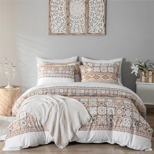 Freyamy Bohemian Bettwäsche 155x220cm 2teilig Braun Weiß Geometrisch Boho Vintage Bettwäsche Gebürstet Microfaser Bettwaren-Sets Weiche Bettbezug mit Reißverschluss und Kissenbezug 80x80cm von Freyamy