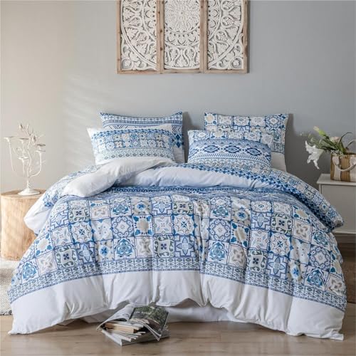 Freyamy Bohemian Bettwäsche 220x240cm 3teilig Blau Weiß Geometrisch Boho Vintage Bettwäsche Gebürstet Microfaser Bettwaren-Sets Weiche Bettbezug mit Reißverschluss und 2 Kissenbezug 80x80cm von Freyamy