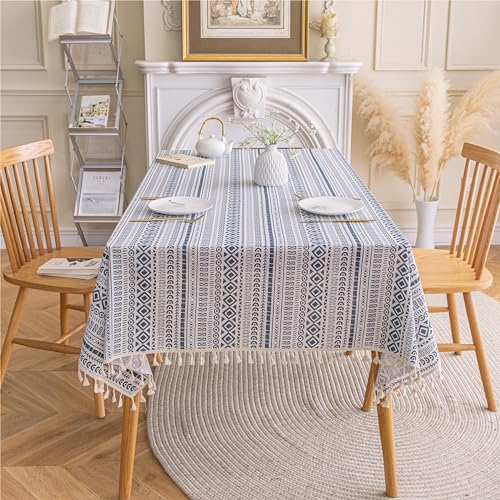 Freyamy Bohemian Tischdecke Wasserdicht Abwaschbar Tischdecken mit Quaste Baumwolle Leinen Tischwäsche Boho Vintage Tischtuch Tischbedeckung Blau Weiß Tischdekoration für Speisetisch (120x180cm) von Freyamy