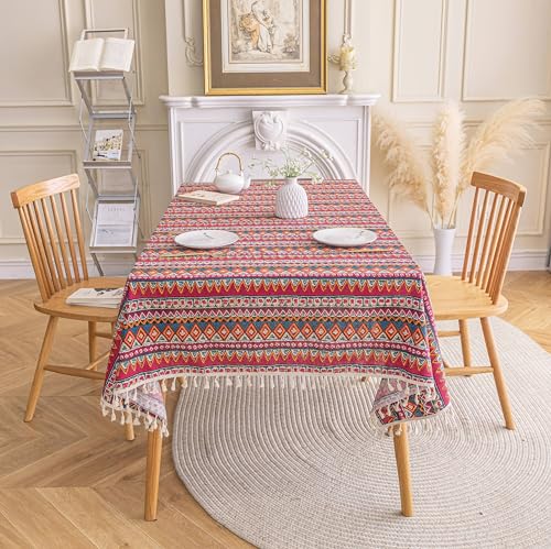 Freyamy Bohemian Tischdecke Wasserdicht Abwaschbar Tischdecken mit Quaste Baumwolle Leinen Tischwäsche Boho Vintage Tischtuch Tischbedeckung Rot Bunt Tischdekoration für Speisetisch (120x120cm) von Freyamy