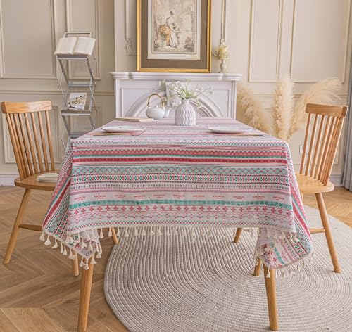 Freyamy Bohemian Tischdecke Wasserdicht Abwaschbar Tischdecken mit Quaste Baumwolle Leinen Tischwäsche Boho Vintage Tischtuch Tischbedeckung Rot Grün Tischdekoration für Speisetisch (120x120cm) von Freyamy