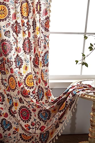 Freyamy Boho Blumen Vorhang 180x150cm 2er Set Scheibengardinen Vintage Bunt Landhausstil Gardinen mit Beige Quasten Lichtdurchlässig Geometrisch Transluzente Vorhänge Blickdicht Kinderzimmer von Freyamy