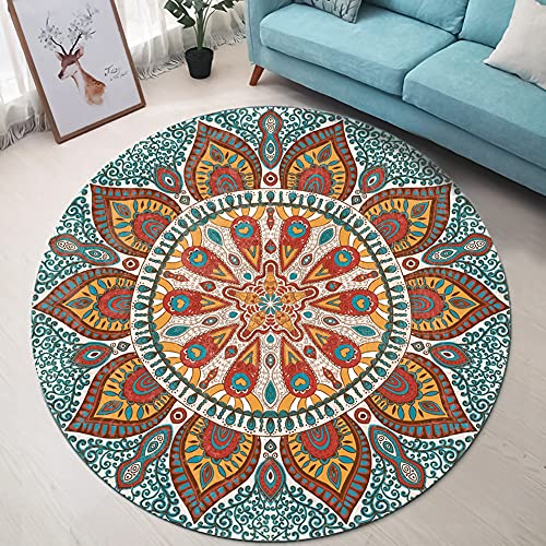 Freyamy Boho Teppich Rund 120cm Mandala Marokko Style In-Outdoor Teppiche Wohnzimmer Schlafzimmer Kinderzimmer Bohemian Blume Muster Dekorative Runder Teppich Bedruckte Bunt Vintage von Freyamy