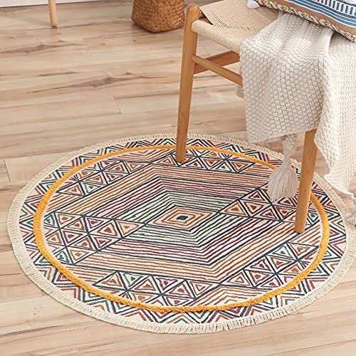Freyamy Boho Teppiche Runder 120cm Handgewebte Baumwolle Getuftet Mandala Teppiche mit Quasten Bunt Gelb Marokko Vintage Waschbar Teppich Rund für Wohnzimmer Schlafzimmer Kinderzimmer von Freyamy
