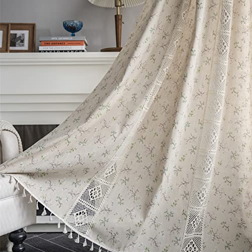 Freyamy Boho Vorhänge Landhausstil Baumwolle Leinen Makramee Gardinen Vintage Aushöhlen Lichtdurchlässig Beige Kahki Blümchen Scheibengardinen Häkeln Gardine mit Stangedurchzug,2er set,200x150cm (HxB) von Freyamy