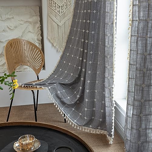 Freyamy Boho Vorhänge Leinenoptik,Kariert Grau Vorhang Landhausstil Quaste Gardinen Transparent,Schlafzimmer Modern Gardine mit Stangedurchzug,Stabtaschen-Design,2 Stück,180x140cm (HxB) von Freyamy