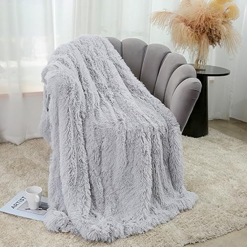 Freyamy Flauschig Kuscheldecke 200x230cm Hellgrau Warme Wurfdecke Langhaar Microfaser Kunstfell Wohndecke Wende Kunstpelz Felldecke Flanell Sofa Decke TV-Decke Klimaanlage Plüsch Tagesdecke von Freyamy