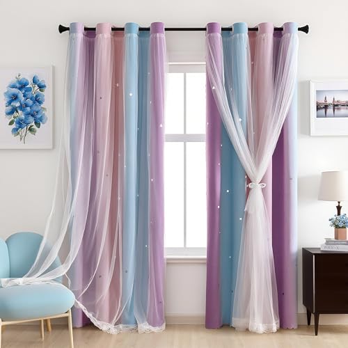 Freyamy Gardinen Lila Blau Weiß Glänzend Sterne Vorhänge Blickdicht Kinderzimmer Halbtransparent H 210 X B 132cm Ösenvorhang 2er Set Mädchen Kindervorhänge Gardinen Verdunkelungsvorhang Wohnzimmer von Freyamy