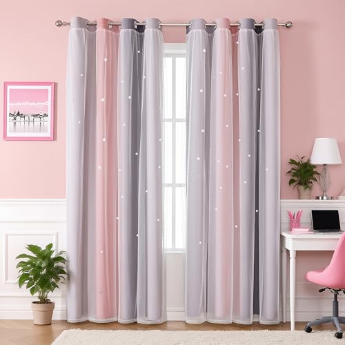 Freyamy Gardinen Rosa Grau Glänzend Sterne Vorhänge Blickdicht Kinderzimmer Halbtransparent H 160 X B 132cm Ösenvorhang 2er Set Mädchen Kindervorhänge Gardinen Verdunkelungsvorhang Wohnzimmer von Freyamy
