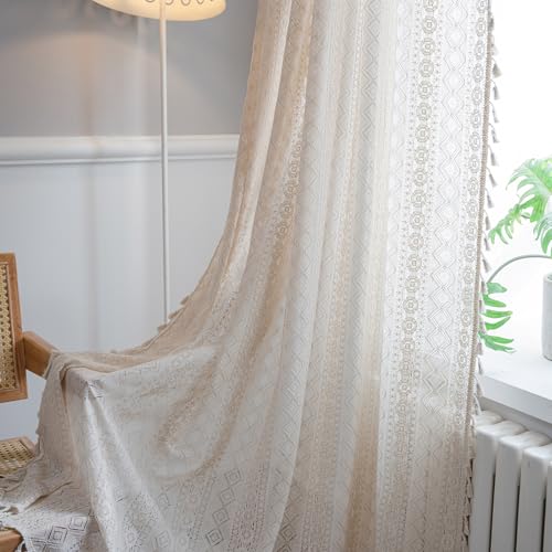 Freyamy Geometrisch Gardinen Transluzente Bestickte Beige Vorhänge mit Stangedurchzug,Outdoor Baumwolle Quasten Stangentaschenvorhang Blickdicht Verdunklungsvorhänge 2er-Set Vorhang 220x150cm (HxB) von Freyamy