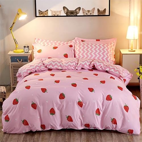 Freyamy Kinderbettwäsche 100x135cm 2teilig Rosa Rot Cartoon Erdbeere Kinder Wendebettwäsche Gebürstet Microfaser Weiche Mädchen Bettwaren-Sets Bettbezug mit Reißverschluss und Kissenbezug 40x60cm von Freyamy