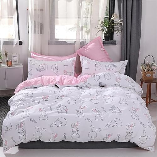 Freyamy Kinderbettwäsche 100x135cm 2teilig Weiß Rosa Cartoon Hase Kinder Wendebettwäsche Gebürstet Microfaser Weiche Mädchen Bettwaren-Sets Bettbezug mit Reißverschluss und Kissenbezug 40x60cm von Freyamy