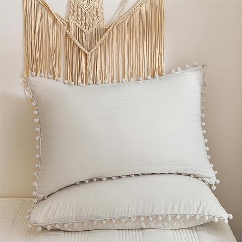 Freyamy Kissenbezug 40x80cm 2er Set Beige Pom Pom Boho Chic Kopfkissenbezug Gewaschene Microfaser Weiche Kissenhülle Böhmen Kissenbezug mit Reißverschluss von Freyamy