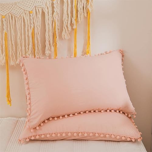 Freyamy Kissenbezug 40x80cm 2er Set Hellrosa Rosa Pom Pom Boho Chic Kopfkissenbezug Gewaschene Microfaser Weiche Kissenhülle Böhmen Kissenbezug mit Reißverschluss von Freyamy