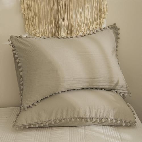 Freyamy Kissenbezug 40x80cm 2er Set Khaki Pom Pom Boho Chic Kopfkissenbezug Gewaschene Microfaser Weiche Kissenhülle Böhmen Kissenbezug mit Reißverschluss von Freyamy