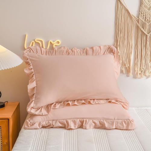 Freyamy Kissenbezug 40x80cm 2er Set Rosa Rüschen Romantisch Mädchen Kopfkissenbezug Gewaschene Microfaser Weiche Kissenhülle Unifarben Plisseefalten Chic Kissenbezug mit Reißverschluss von Freyamy