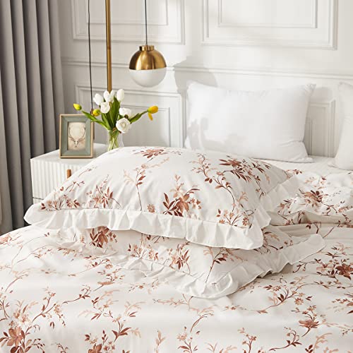 Freyamy Kissenbezug 40x80cm 2er Set Weiß Braun Rüschen Blumen Kopfkissenbezug Romantisch Mädchen Kissenhülle Gebürstet Microfaser Weiche Kissenbezug mit Reißverschluss von Freyamy