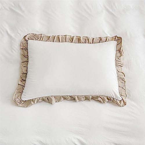 Freyamy Kissenbezug 40x80cm 2er Set Weiß Khaki Rüschen Romantisch Kopfkissenbezug Gewaschene Microfaser Weiche Kissenhülle Unifarben Mädchen Plisseefalten Kissenbezug mit Reißverschluss von Freyamy