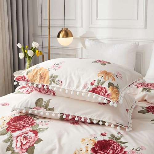 Freyamy Kissenbezug 40x80cm 2er Set Weiß Rot Bunt Blumen Pompons Kopfkissenbezug Romantisch Mädchen Kissenhülle Gebürstet Microfaser Weiche Kissenbezug mit Reißverschluss von Freyamy