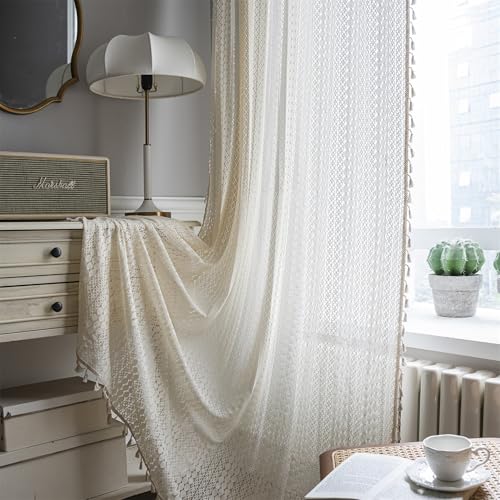 Freyamy Landhausstil Bestickte Gardinen Transluzente Beige Vorhänge mit Stangedurchzug,Outdoor Baumwolle Quasten Stangentaschenvorhang Blickdicht Verdunklungsvorhänge 2er-Set Vorhang 220x150cm (HxB) von Freyamy