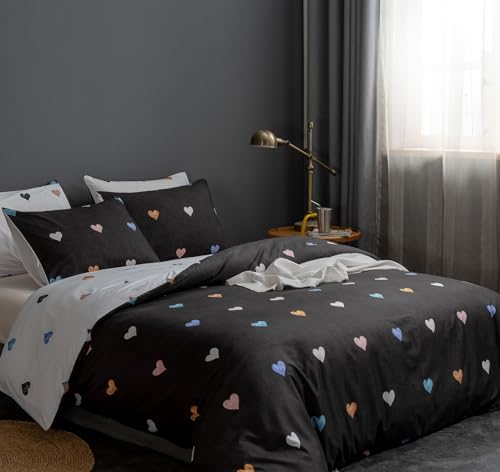 Freyamy Liebe Bettwäsche Set 135x200cm 2teilig Schwarz Bunt Herz Wendebettwäsche Gebürstet Microfaser Weiche Bettwaren-Sets Bequem Bettbezug mit Reißverschluss und Kissenbezug 80x80cm von Freyamy