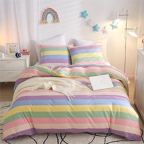 Freyamy Mädchen Bettwäsche 100x135cm Bunt Regenbogen Streifen Kinderbettwäsche 100% Microfaser Babybettwäsche Teenager Kinder Wendebettwäsche Bettbezug mit Reißverschluss und Kissenbezug 40x60cm von Freyamy