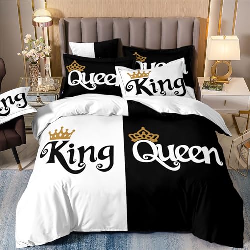 Freyamy Partner Bettwäsche 135x200cm 2teilig Schwarz Weiß King&Queen 3D Bettwäsche für Paare 100% Mikrofaser Pärchen Bettwaren-Sets Liebhaber Bettbezug mit Reißverschluss und 1 Kissenbezug 80x80cm von Freyamy